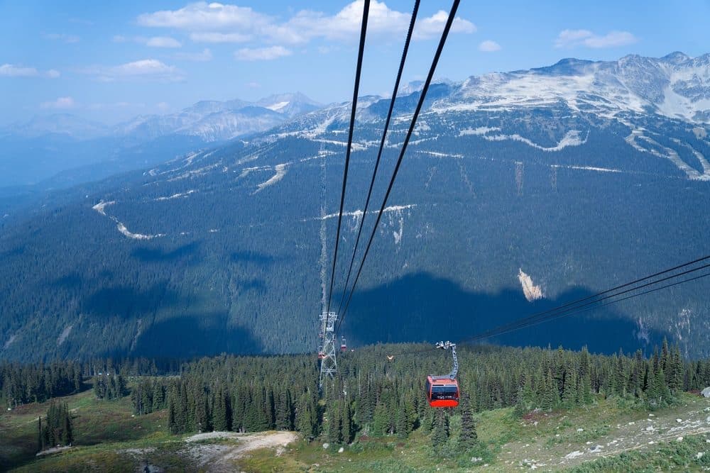 A Peak 2 Peak gondola over alpine forest between Whistler and Blackcomb